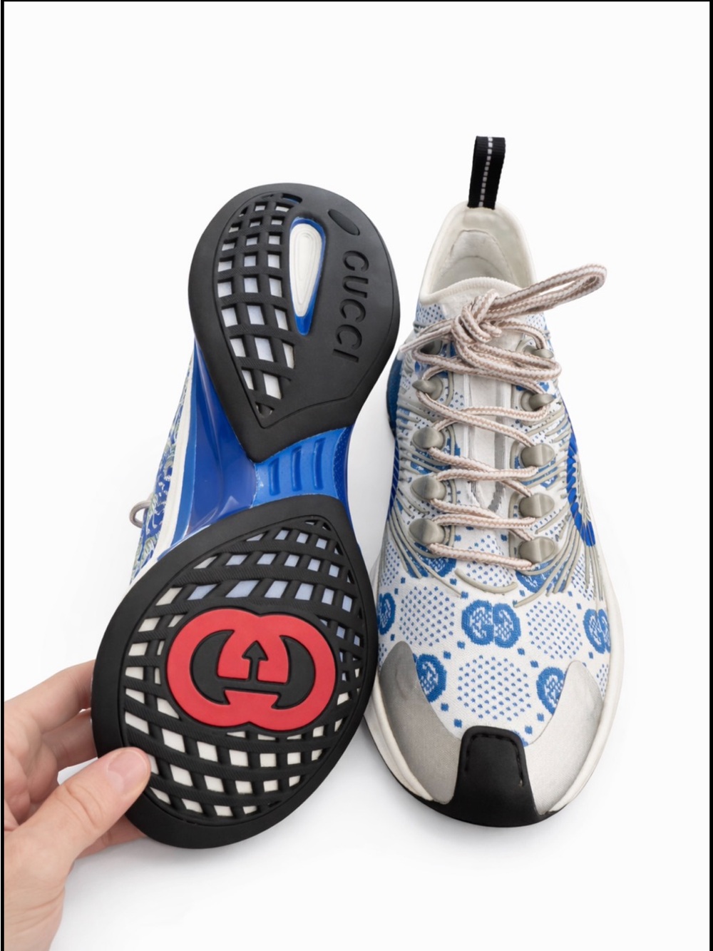 Gucci White and Blue Logo-Print Sneakers